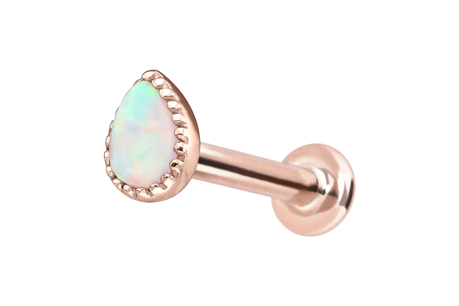 14 Karat Gold Labret Piercing mit Push Fit SYNTHETISCHER OPALTROPFEN